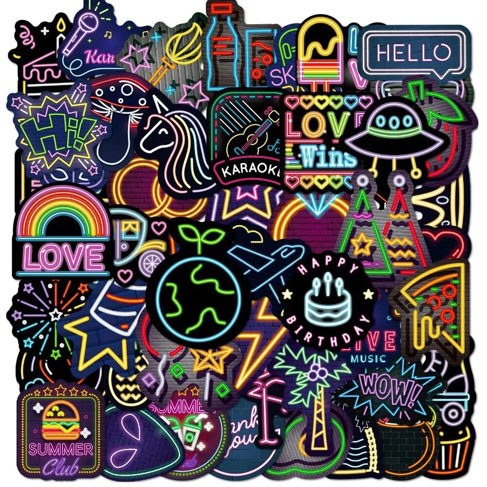 50PCS Cool Neon Light Graffiti Stickers – Waterproof & Reusable
